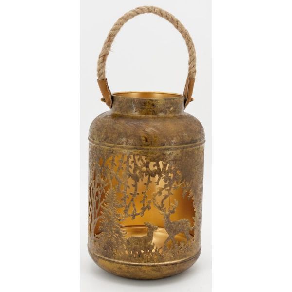 Lanterne en métal antique décor Cerf et Biche intérieur doré