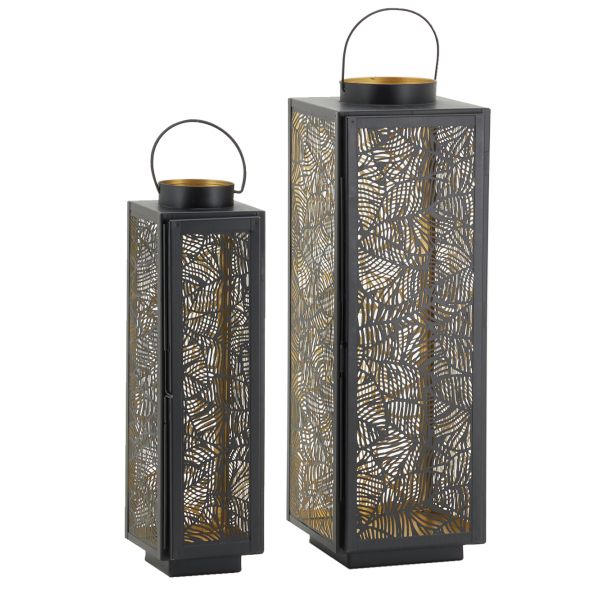 Lanternes en métal laqué noir carrée motif feuilles (Lot de 2)