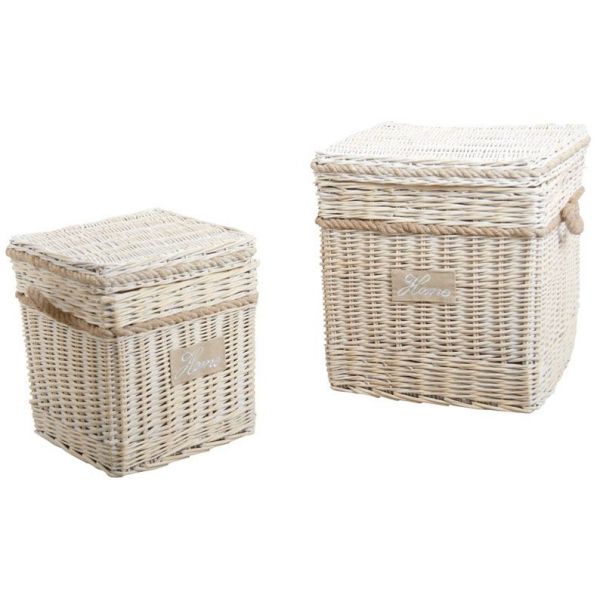 Malle carrée en osier blanchi (Lot de 2)