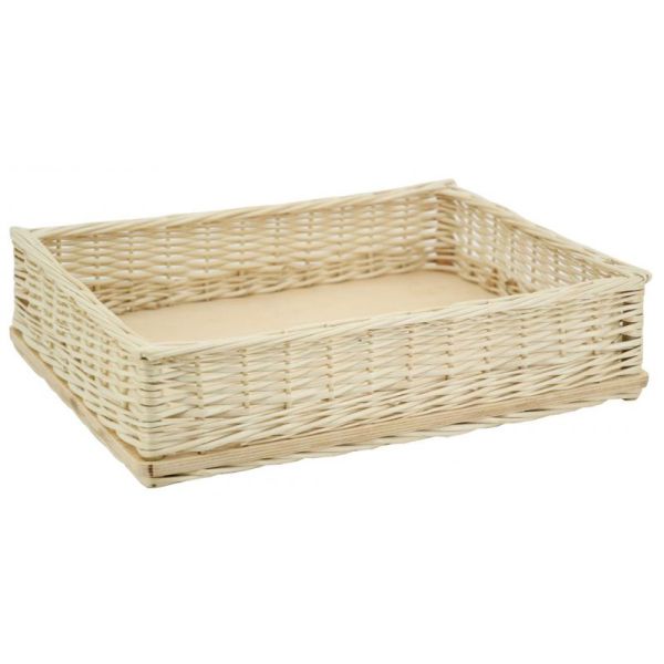 Manne en osier teinté blanc et fond bois