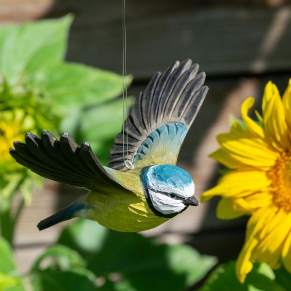 Mésange bleue à suspendre en bois sculpté à la main - Wildlife Garden 