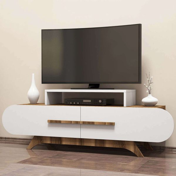 Meuble TV en aggloméré blanc et noyer Rose - HANAH HOME
