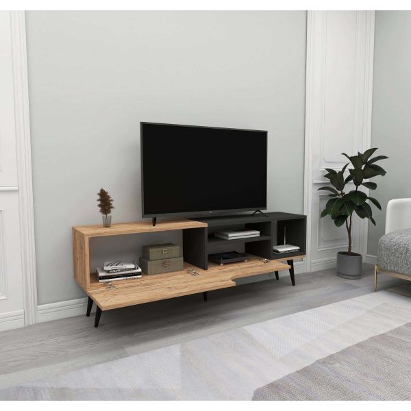 Meuble TV en aggloméré effet pin et anthracite Alba - 159