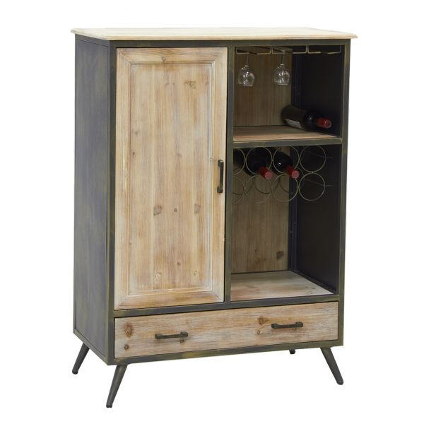 Meuble bar en bois et métal étagères et tiroirs