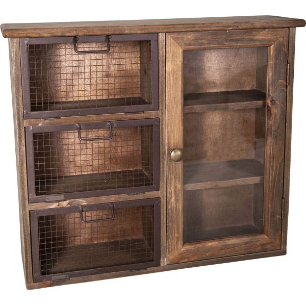 Meuble en bois 1 porte vitrée et 3 tiroirs grillagés 50 x 14 x 43 cm