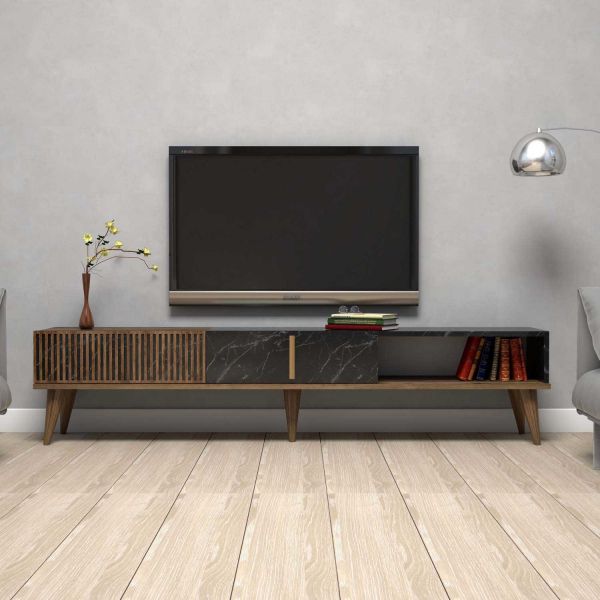 Meuble TV imitation marbre et effet noyer Milan - HANAH HOME