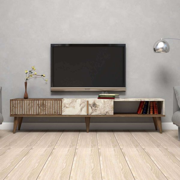 Meuble TV imitation marbre et effet noyer Milan - HANAH HOME