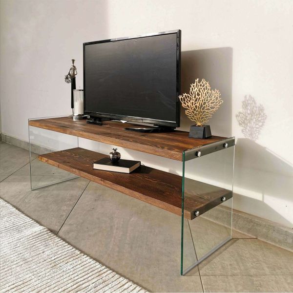 Meuble TV en pin et verre Stand - HANAH HOME