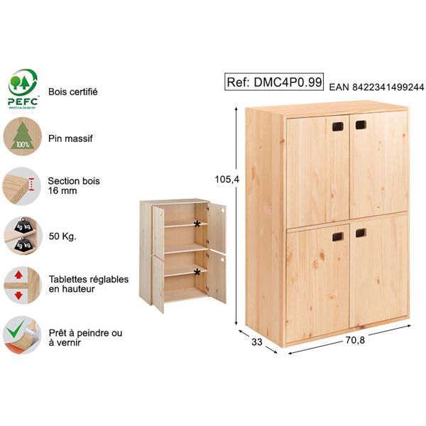 Meuble de rangement en pin 4 portes Dinamic - AST-0139