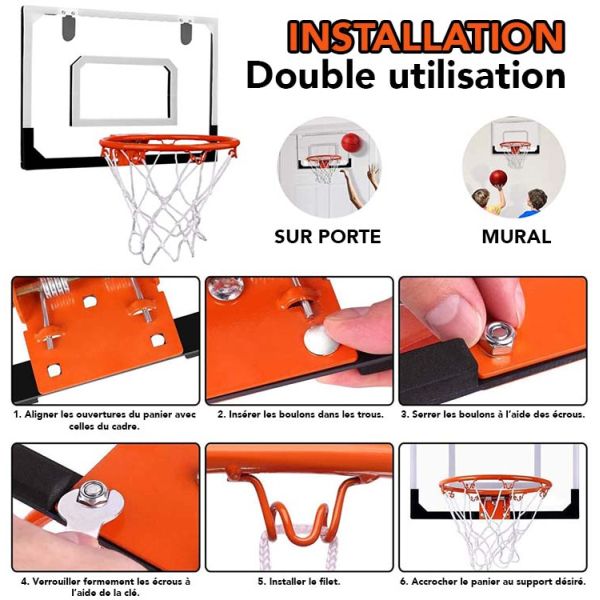 Mini panier de basket-ball pour porte et montage mural avec ballon