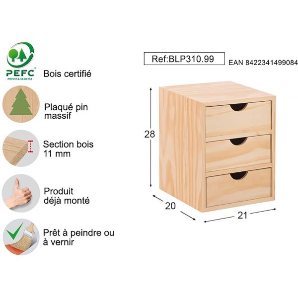 Mini rangement bloc en pin brut ave tiroirs - AST-0207