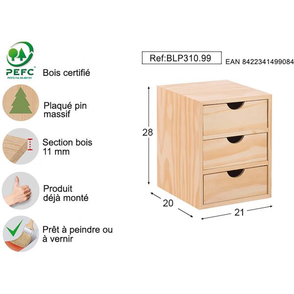 Mini rangement bloc en pin brut avec tiroirs - AST-0207