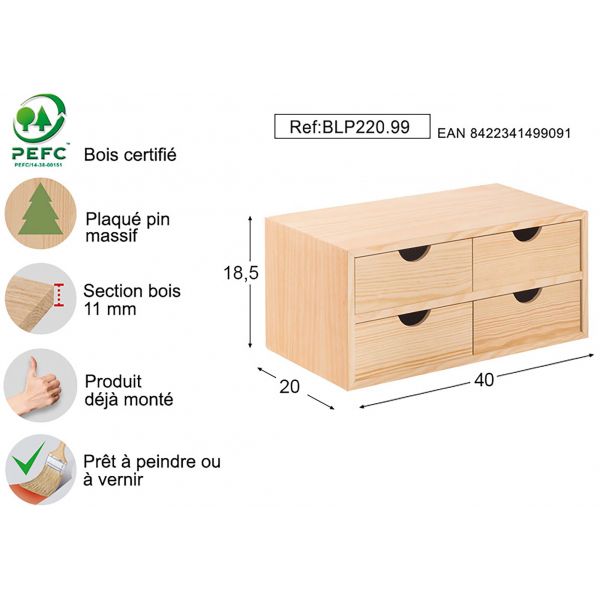 Mini rangement bloc en pin brut avec tiroirs - AST-0208