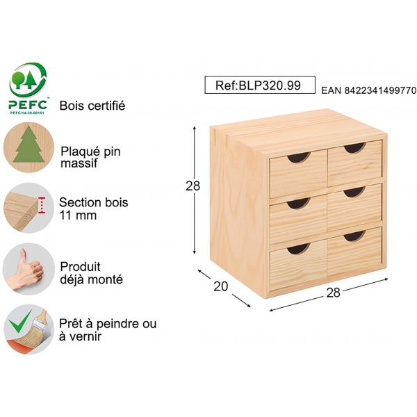 Mini rangement bloc en pin brut avec tiroirs - AST-0211