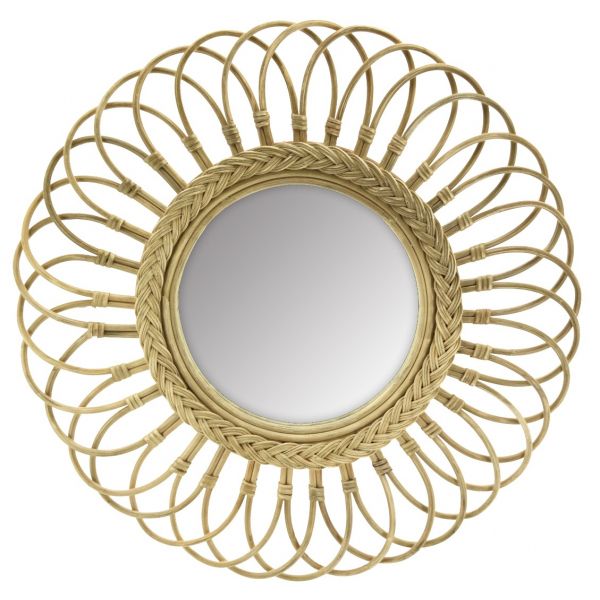 Miroir marguerite en moelle de rotin 60 cm