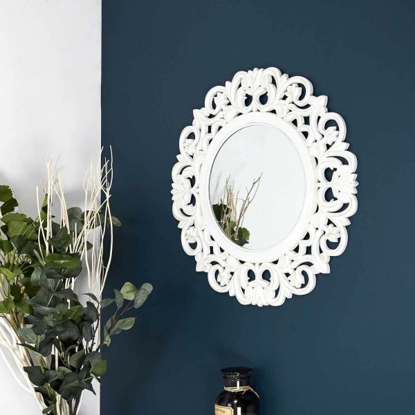 Miroir rond en bois sculpté blanc 60 cm - 5