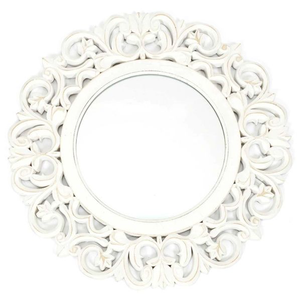 Miroir rond en bois sculpté blanc 60 cm - CMP-4354