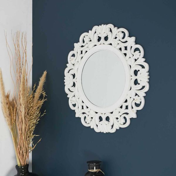 Miroir rond en bois sculpté blanc 60 cm - THE HOME DECO FACTORY