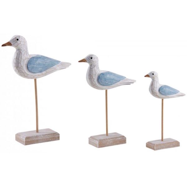 Mouettes en bois peint sur pieds (Lot de 3)