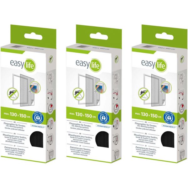 Moustiquaire fenêtre anthracite 18g/m² bande auto-agrippante 7,5 mm (Lot de 3)