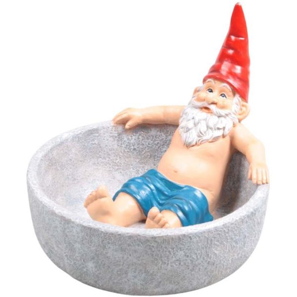 Nain de jardin dans bain d'oiseau en résine
