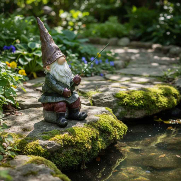 Nain de jardin avec canne à pêche en résine 25 cm - TRUE TO NATURE