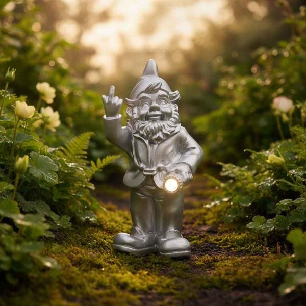 Nain de jardin en résine F*ck avec éclairage solaire 16 x 12 x 31 cm - STOOBZ