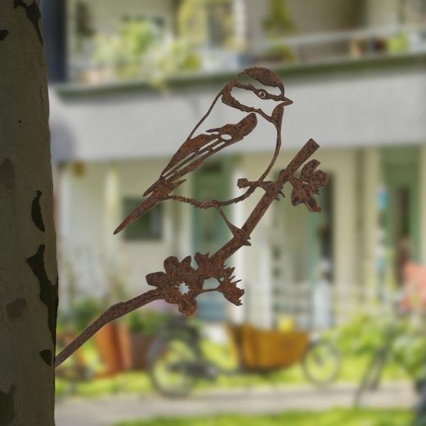 Oiseau sur pique mésange bleue en acier corten - 5