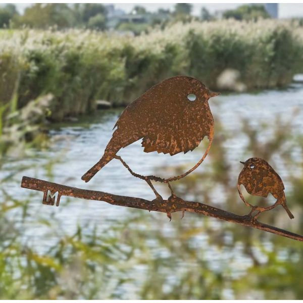 Oiseaux sur pique couple de rouge-gorge en acier corten - 5