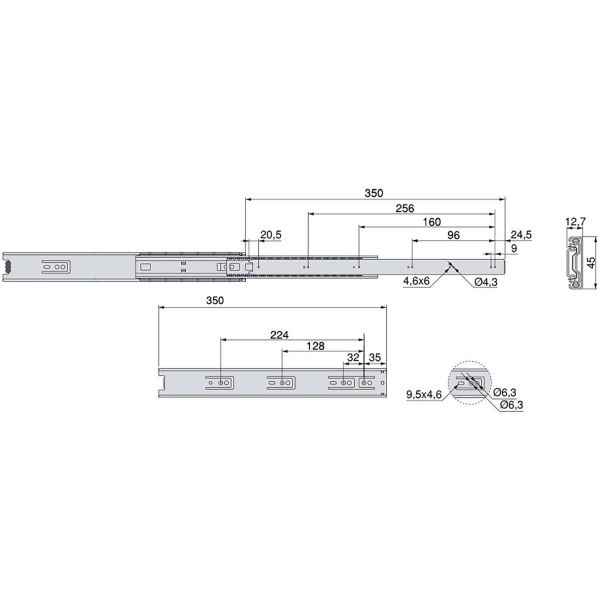 Paire de coulisses à billes pour tiroirs à sortie totale 45 mm - EMU-0300