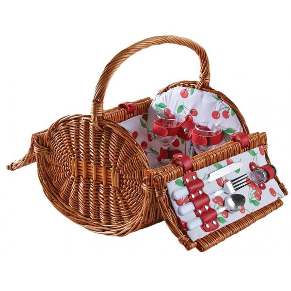 Panier pique-nique rond en osier clair 2 couvert Cerise