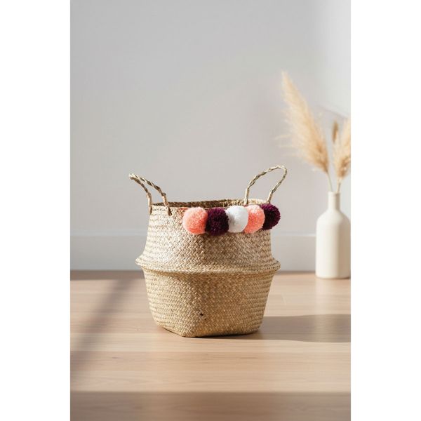 Panier rond en jonc naturel avec pompons - AUBRY GASPARD