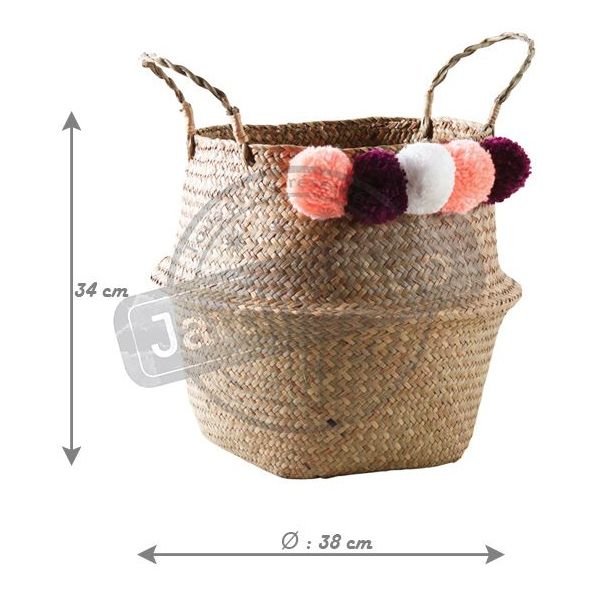 Panier rond en jonc naturel avec pompons - AUBRY GASPARD