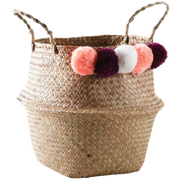 Panier rond en jonc naturel avec pompons