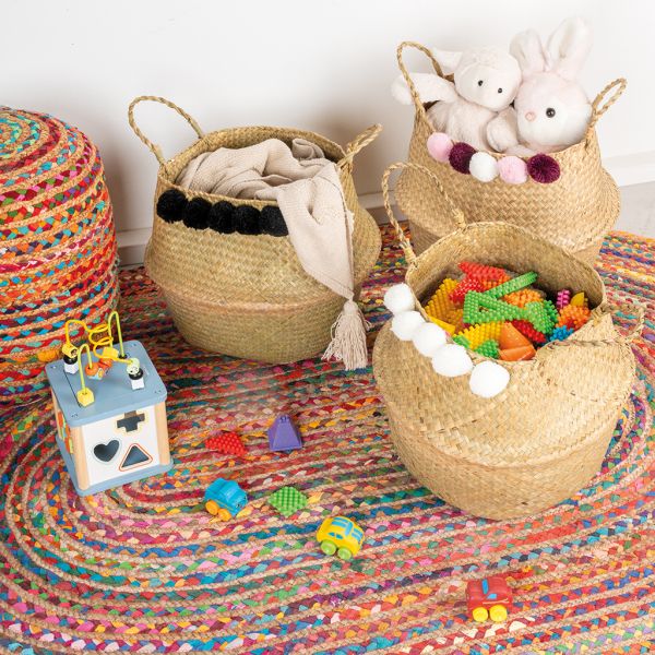 Panier rond en jonc naturel avec pompons - AUBRY GASPARD