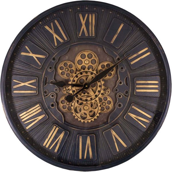Pendule en fer vitrée avec rouages 70 cm