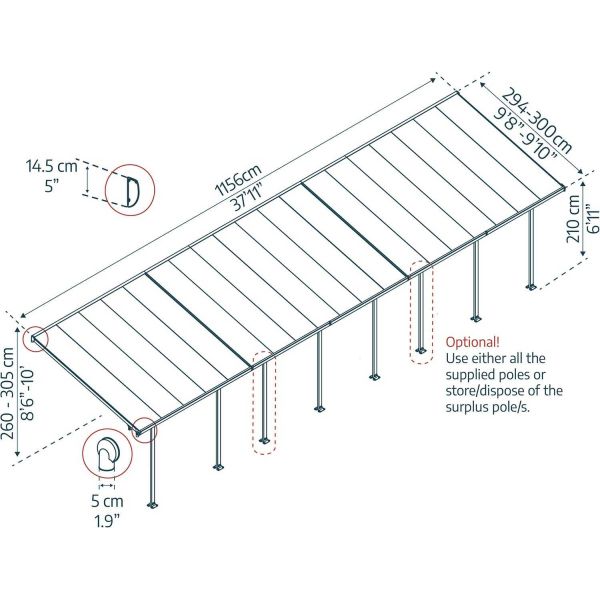 Pergola à adosser en aluminium gris et polycarbonate Feria - PAA-0325