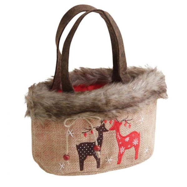 Petit sac de Noël en jute motif cerf