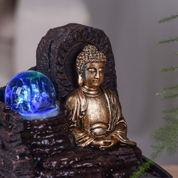 Petite fontaine d'intérieure en résine avec LED bouddha Theravada - 5