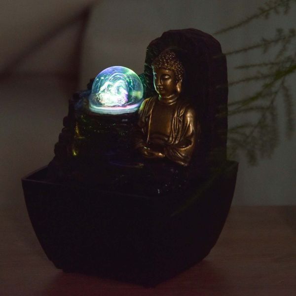 Petite fontaine d'intérieure en résine avec LED bouddha Theravada - 6