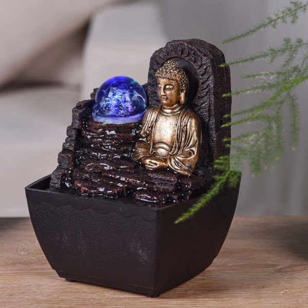 Petite fontaine d'intérieure en résine avec LED bouddha Theravada - ZEN ARôME