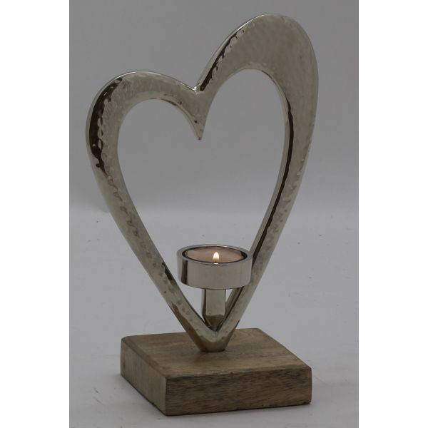 Photophore coeur en aluminium et bois de manguier - 29,90