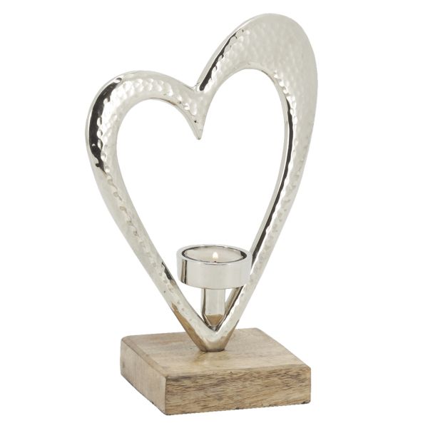 Photophore coeur en aluminium et bois de manguier