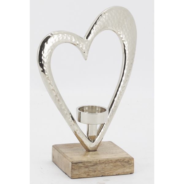 Photophore coeur en aluminium et bois de manguier - AUB-5200