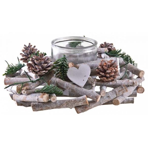Photophore couronne de Noël en bois et verre
