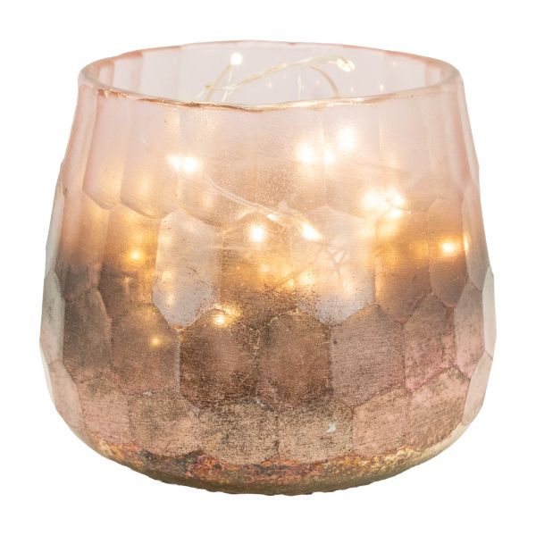 Photophore en verre teinté rose et doré 10 cm - AUB-3515