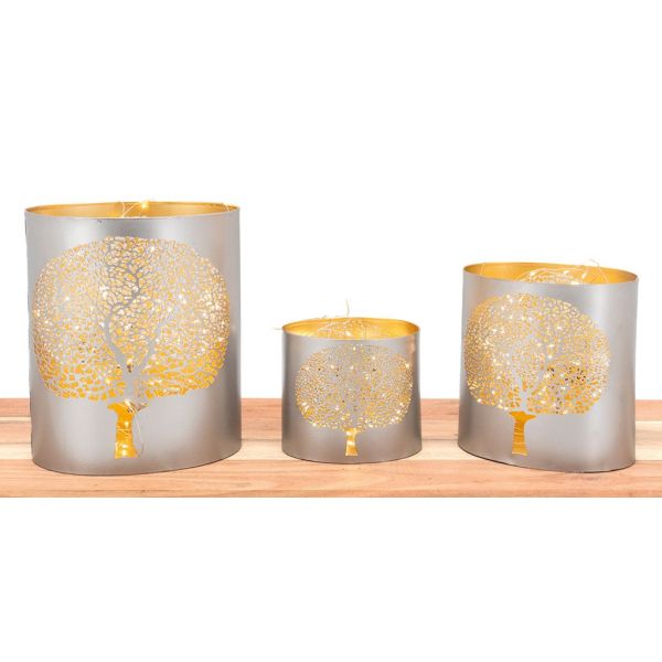 Photophores en métal gris Arbre de vie (Lot de 3) - AUB-3416
