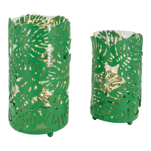 Photophores ronds verts feuilles tropicales métal (Lot de 2) - AUB-6656