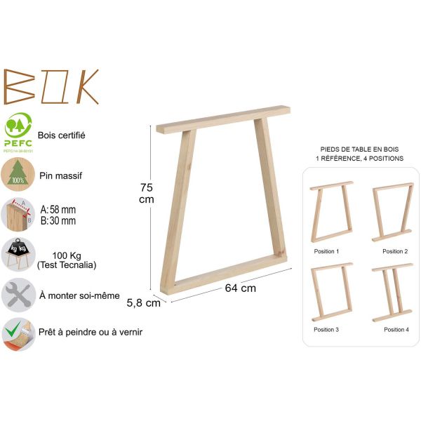 Pieds de table modulable en pin massif Bok - AST-0239