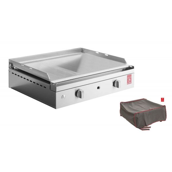 Plancha en inox lisse et rainurée avec housse Chef 55 cm